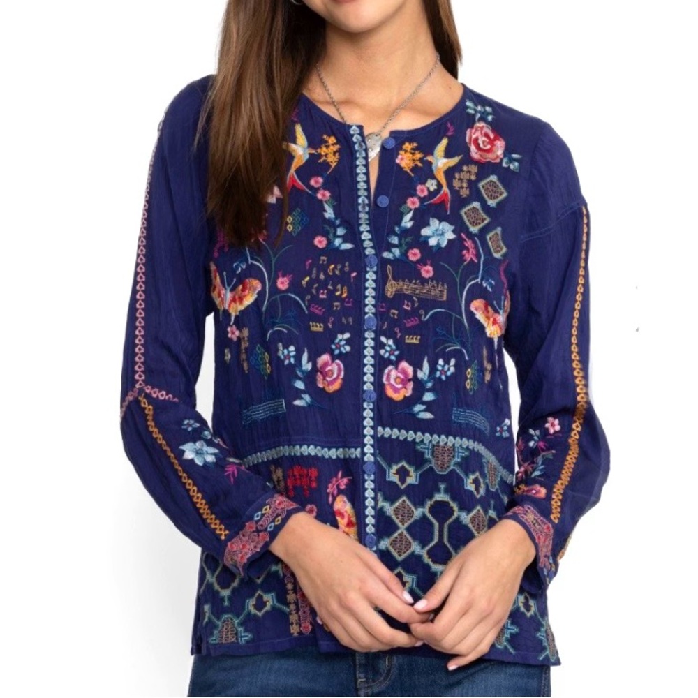 NEW Johnny Was Primavera Catina Intricately Embroidered Blouse Bird Blue Size S